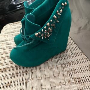 Glaze Teal Suede Wedge Booties with Metallic Studs